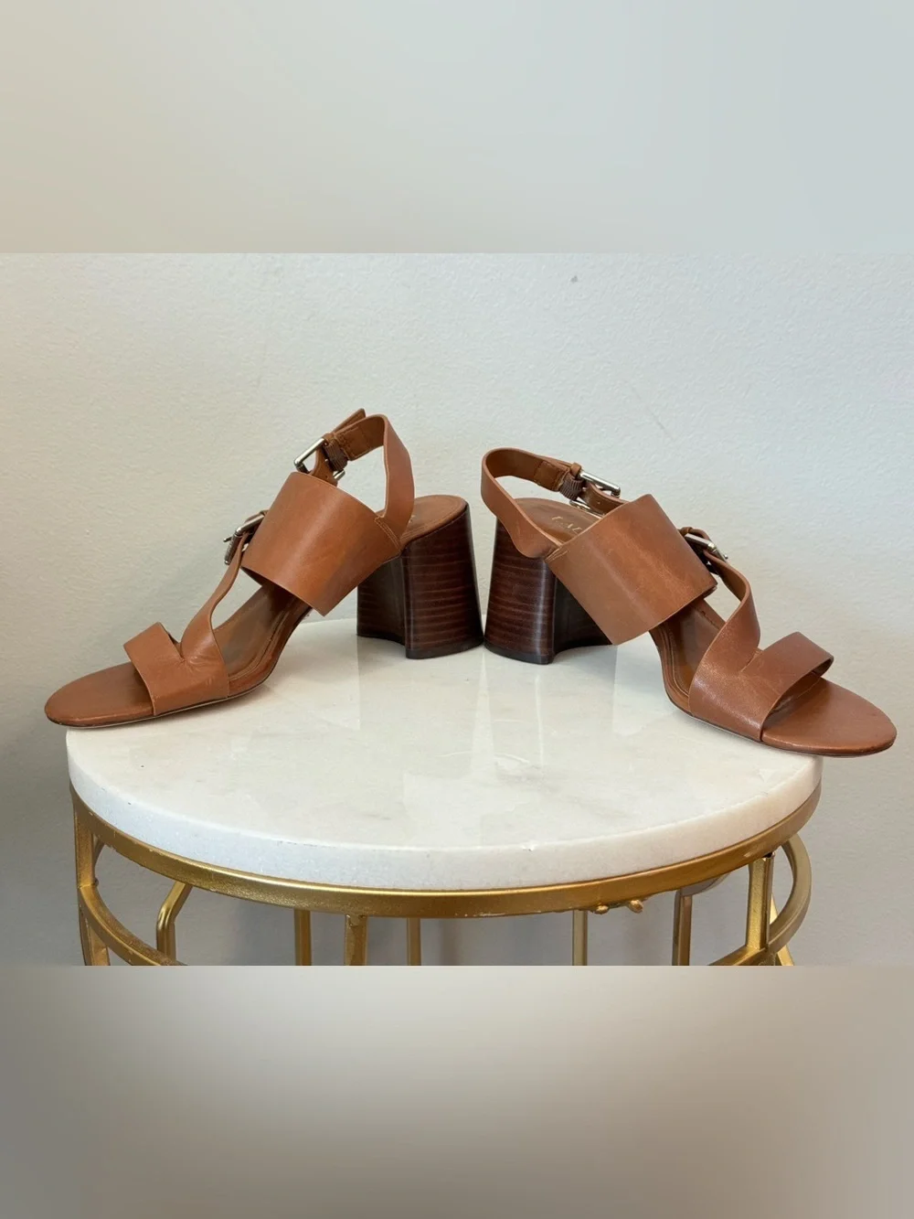 Ralph Lauren Tan Leather Block Heel Sandals